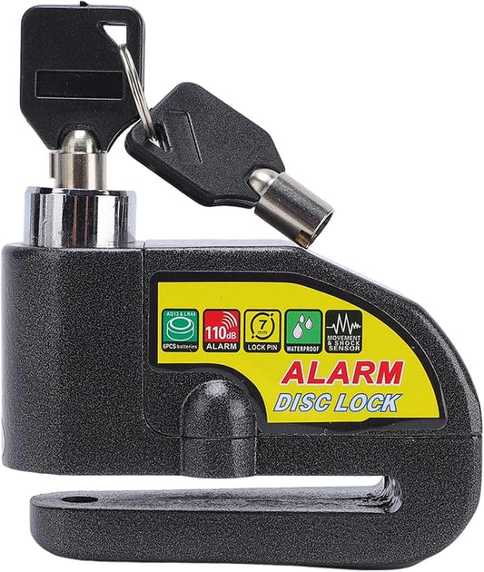 Asixxsix Alarm Disc Brake Lock, Anti Theft Security Wheel Lock with 110dB Alarm & 2 Keys, IP65 Water Proof, 5ft Reminder Cable, for Motorbikes Bikes Scooters
