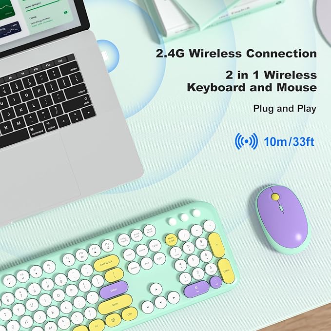 MOFII Wireless Keyboard and Mouse Combo, Full-Size Retro Typewriter-Style Wireless Keyboard with Optical Mouse for Computer/Laptop/Windows/Mac (Mint Colorful)