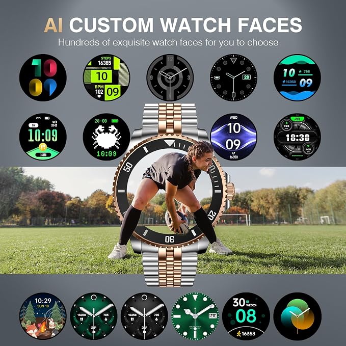 GPT AI Smart Watch with Bluetooth Calls, 1.19-inch AMOLED 44mm, 24/7 Heart Rate, SpO2, Blood Pressure, Sleep Monitor, 107 Sports Fitness Tracker, Smartwatch Compatible Android and iOS Silver Gold