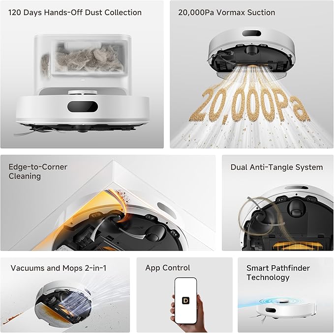 DREAME D20 Air Plus Robot Vac and Mop Combo with 20,000Pa Suction, Anti-Tangling Tech, Auto-Emptying Dock, Deep Carpet Cleaning and Smart Navigation White