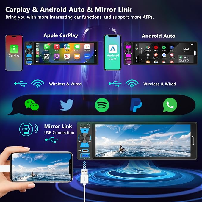 6.5" Single Din Touchscreen Radio with Wireless Apple CarPlay & Android Auto, FM/AM,Car Stereo with Bluetooth 5.2, 180W Audio, 20-Band EQ,USB/Type-C,Mirror Link,External Mic,8-LED Backup Camera,SWC