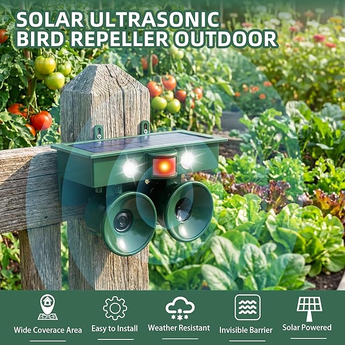 2026 New Ultrasonic Bird Repeller Solar Powered Outdoor Motion Activated Bird Pigeon Deterrents for Outside with Flash Light IP65 Woodpecker Goose Repellent Devices for Rooftops Porch Patio Balconies