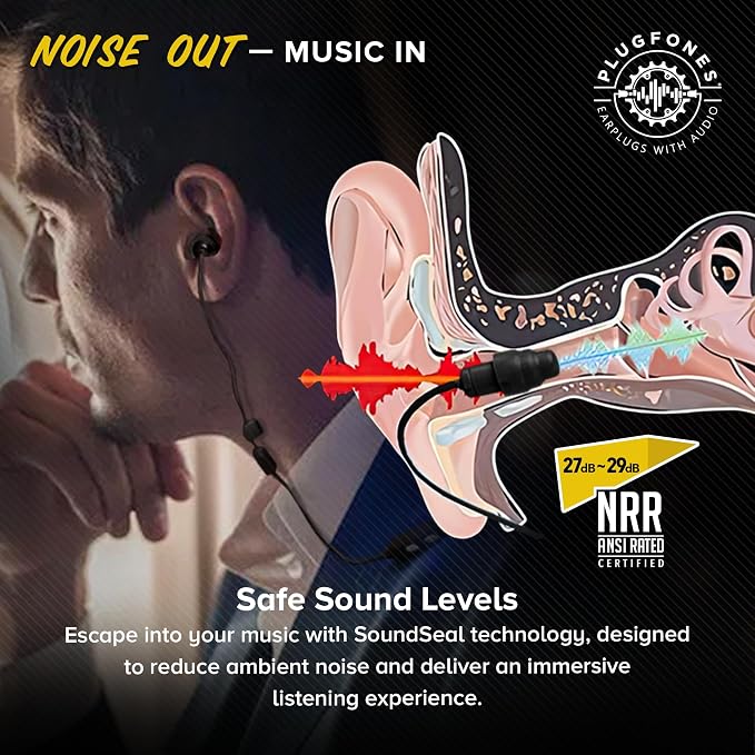 Plugfones Liberate 2.0 Bluetooth Earplug Headphones - Wireless Bluetooth in-Ear Earplug Earbuds - 29 dB Noise Reduction Headphones with Noise Isolating Mic and Controls (Black & Gray)