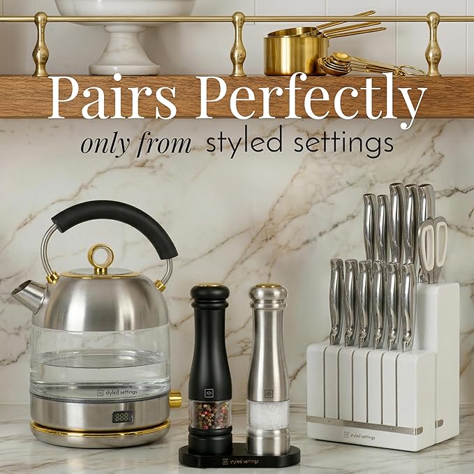 Electric Salt and Pepper Grinder Set - Styled Settings Electric Salt and Pepper Shakers, Automatic Stainless Steel Set with LED Light, Battery Operated, Adjustable Coarseness, Wood Base