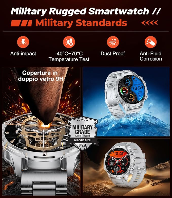Military Smart Watch for Men, 1.85'' HD Large Screen Smartwatch, 800mAh/LED Flashlight/IP68 Waterproof/Pedometer/100+ Sports Fitness Tracker, Mens Smart Watches for Android iOS, Silvery