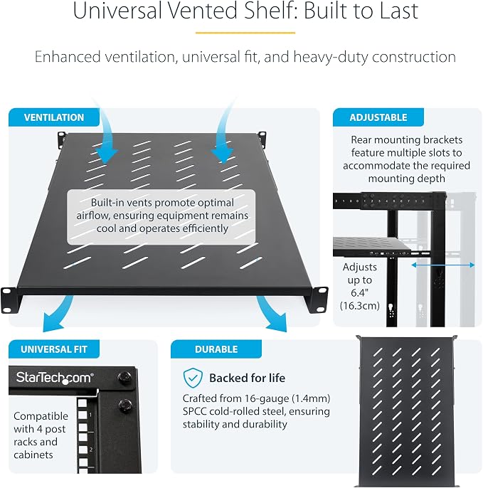 StarTech.com 1U 4-Post Server Rack Shelf, Vented, Adjustable Mounting Depth (28-34.4in/71.1-87.3cm), 150lb (68kg) Capacity, Black