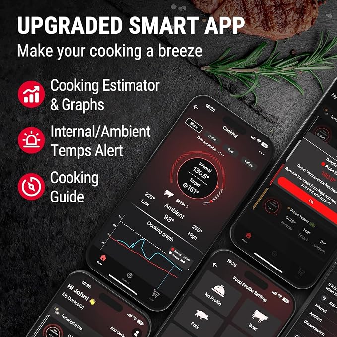 TempPro Upgraded Meat Probe Wireless Meat Thermometer, 500ft Bluetooth Meat Thermometer for Cooking Kitchen Oven Smoker, Rechargeable Meat Probe for Backyard Grill BBQ Gifts(Previously ThermoPro)