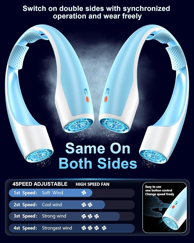 Rohent Rechargeable Neck Fan for Cooling: Powerful High Speed Battery Operated Fan 4 Speeds Long Battery Life - Lightweight USB Rechargeable Wearable Fan for Outdoor Indoor - Blue