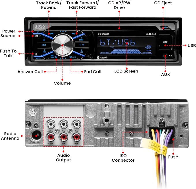 BOSS Audio Systems 508UAB Car Stereo - Single Din, Bluetooth, CD Player, AM/FM Radio Receiver, Aux-in, USB, Built-in Microphone