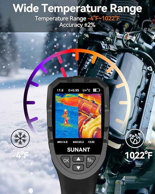 Infrared Thermal Imaging Camera, 240x240 TISR Resolution, 25Hz Refresh Rate, -4°F to 1022°F, Adjustable Emissivity, Hot/Cold Spot Detection, LED Light for HVAC, Electrical & Home Inspection