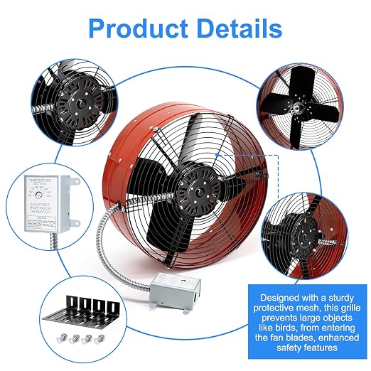 Vent Attic Fan with Adjustable Thermostat, 15" Gable Mount Ventilation Exhaust Fan 1300 CFM, 1075 RPM, 1850 SQ. FT. Attic Ventilator Red for Gable, Shed, Home