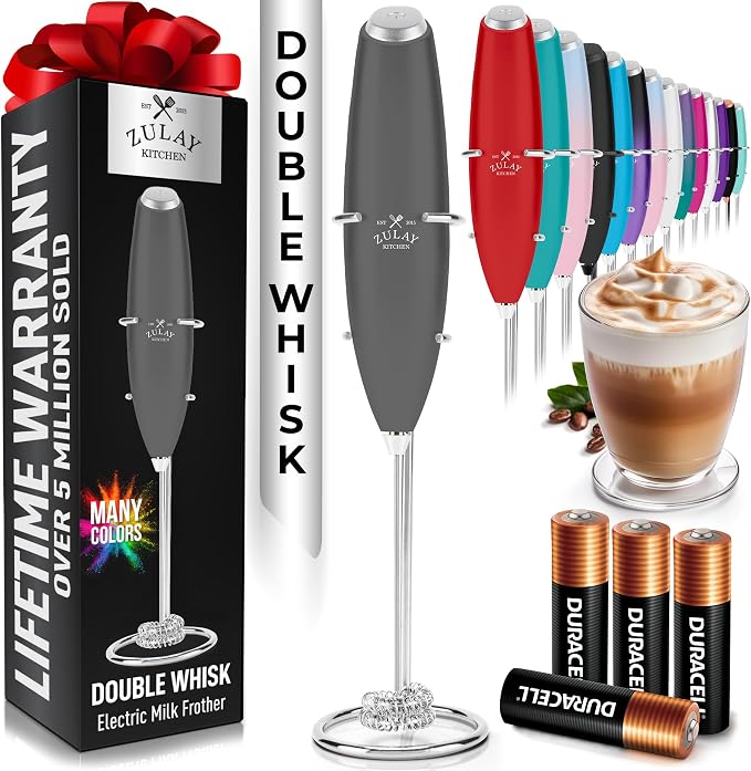 Zulay Kitchen Powerful Milk Frother Wand With Duracell Batteries - Ultra Fast Handheld Drink Mixer - Electric Whisk Foam Maker for Coffee, Lattes, Cappuccino & Matcha - Double Whisk - Charcoal
