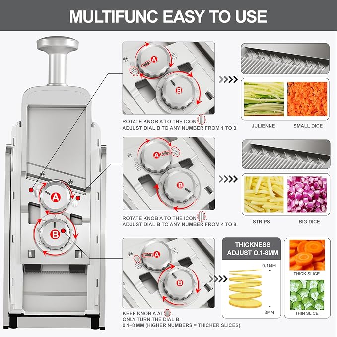 8 in 1 Mandoline Slicer for Kitchen, Vegetable Chopper, Potato Slicer, Fry Cutter Onion Chopper with Drain Basket Food Container with Lid, Stainless Steel Cheese Grater for Quick Meal Pre (Gray)