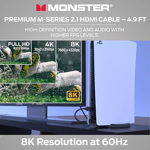 Monster M3000 Ultra High Speed HDMI Cable 4.9 ft, 8K 60Hz, 48 Gbps, HDR, ARC/eARC, 7.1 Audio, Braided Duraflex Jacket, Gold Plated Connectors, HDMI Cable for TV, Gaming, Monitor, Soundbar