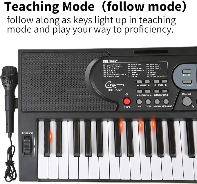 Keyboard Piano Lighted Keys for Beginner Adults Teens Kids, 61 Key Electronic Music Keyboard with Teaching Modes Powered by USB or Battery with LCD Display Microphone Headphone Jack