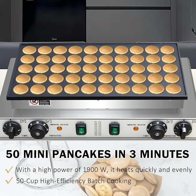 Commercial 50PCS Mini Dutch Pancake Maker 1900W, Adjustable Temp & Timer Control, Non-Stick Teflon Plates Easy to Clean, Durable Stainless Steel Body for Restaurant Catering