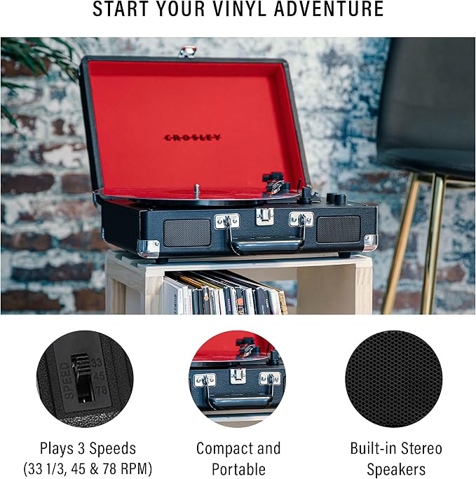 Crosley CR8005F-BK Cruiser Plus Vintage 3-Speed Bluetooth in/Out Suitcase Vinyl Record Player Turntable, Black/Red
