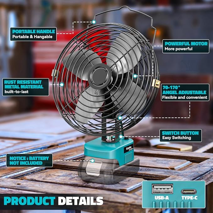 Ecarke 8 Inch Cordless Jobsite Fan Compatible with Makita 18V (Tool Only) 2-Speed Powerful Cooling Fans Portable Battery Fans for Garage Construction Jobsite Camping Fan