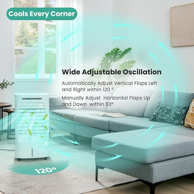 DORTALA Evaporative Air Cooler, Portable Cooling Fan with Remote, 15H Timer, 63° Oscillation, 3 Modes, 3 Speeds, 2.6 Gal Water Tank, Personal Swamp Cooler for Bedroom Home Office Dorm