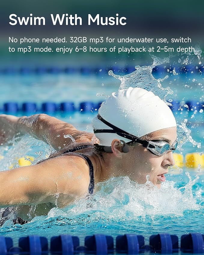 Swimming Headphones, Bone Conduction Headphones, Built-in MP3 Player with 32GB Memory, 10H Playtime, Bluetooth 6.0, IP68 Waterproof Open Ear Headphones for Swimming Underwater, Running, Surfing