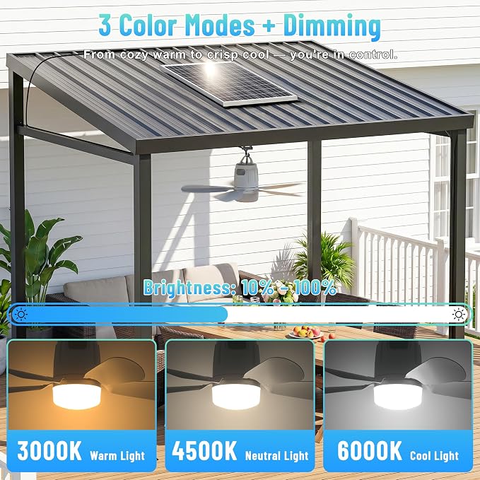 Solar Ceiling Fan 20'', 20000mAh Battery Portable Ceiling Fan with 30W Solar Powered, Remote & Hanging Hook, 3000k-6000k Dimmable Solar Fans for Outside, Tent, Gazebo, Canopy, RV, Chicken Coop