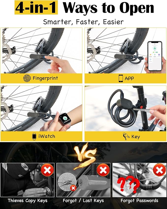 Bike Lock with Fingerprint, Bicycle Lock with Keys Fingerprint Bluetooth Control Digital Electronic Biometric, Heavy Duty Waterproof High Security Bike Locks Scooter Motorcycle Bicycle-Black