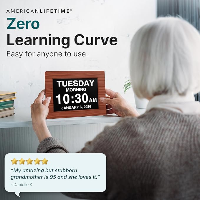 American Lifetime New 2026 Dementia Clock Large Digital Clock for Seniors, Large Display with Custom Alarms, Calendar Clock with Day & Date for Elderly, Clear Numbers Alzheimer Digital Clock Wood