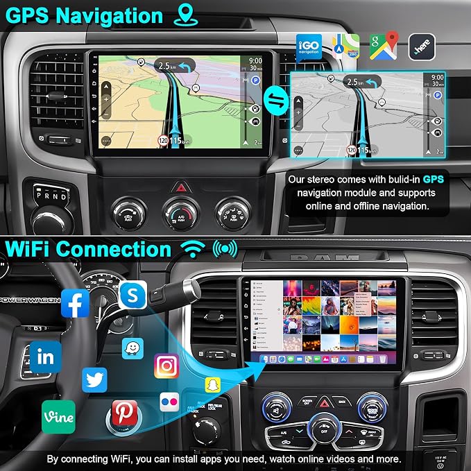 [8Core+64G] Android 15 Car Radio for Dodge RAM 1500/2500/3500 2013-2018(Manual and Auto AC), 9 Inch QLED Touch Screen Car Stereo with Wireless Carplay&Android Auto,GPS, WiFi, Bluetooth,FM,DSP