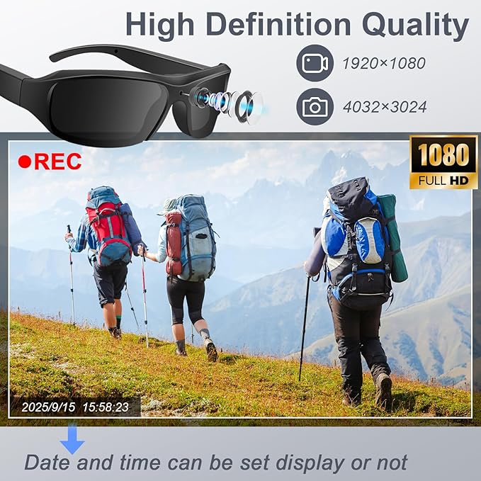 Camera Sunglasses Sports Action Smart Glasses Cam 1080P Video Camera Glasses UV Protection Polarized Lens Support Photos/Videos Recording mit 32GB Micro SD Card & Card Reader for Outdoor Activities