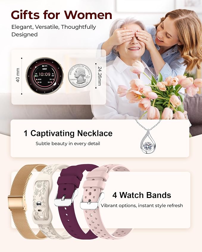 Iaret Smart Watch for Women, 1.27" HD Fitness Tracker with 4 Bands & Necklace Gift Set, Heart Rate SpO2 Sleep Monitor, 120+ Sport Modes, Call & Notifications, Smartwatch for Android iPhone, 40mm