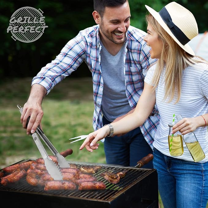 Digital Meat Thermometer and Heavy Duty Tongs BBQ Tools for Grilling Smoking Outdoor Cooking Instant Read Accurate Temperature Probe Long Metal Flipper with 3 Side Silicone Handle