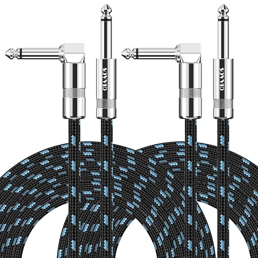 20FT 2 Pack Instrument Cable - Electric & Bass Guitar, Keyboard, AMP Cord - 1/4 Inch Right Angle Black & Blue