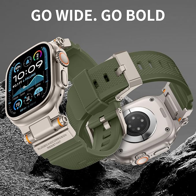 FOAMUNOC Rugged Band Compatible with Apple Watch Ultra 3/2/1 Band 49mm/46mm/45mm/44mm/42mm, Metal Connector with Strap for iWatch Ultra Series 11/10/9/8/7/6/SE3/SE2/SE/5/4/3/2/1, Army Green/Titanium