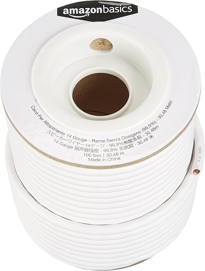 Amazon Basics 14-Gauge Audio Speaker Wire Cable for Audio Applications, 99.9% Oxygen-Free Copper, Color Coded, Insulated Jacket, 100-Foot, White