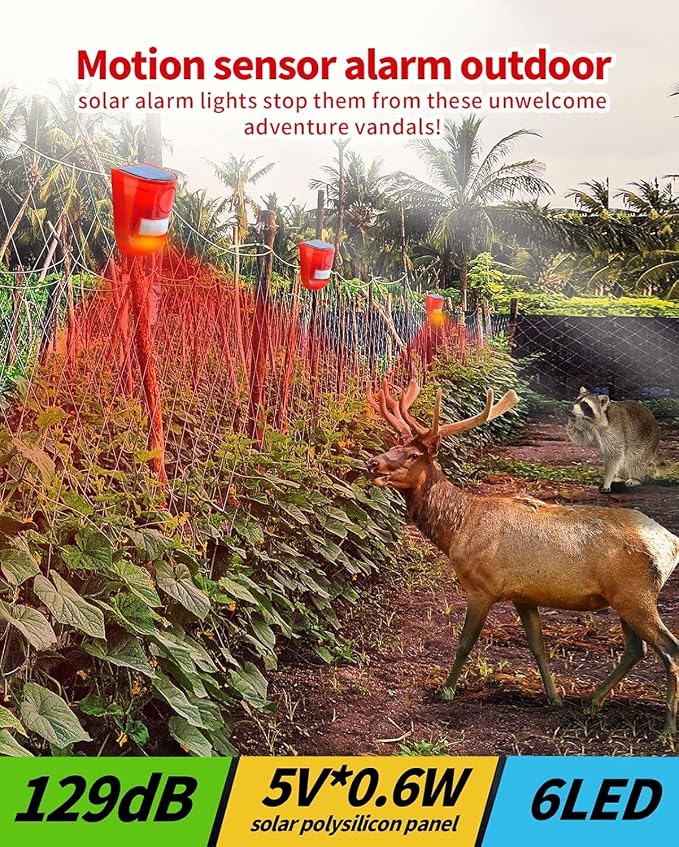 ChunHee Solar Outdoor Motion Sensor Alarm 4 Working Mode Motion Activated Alarm 129dB Loud Sound Noise Maker IP65 Waterproof Motion Detector with Strobe Light for Garden Yard Farm Home 2PC