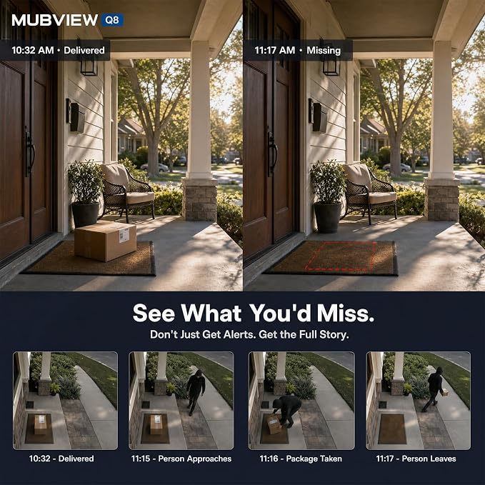 MUBVIEW 24/7 Continuous Recording Wireless Outdoor Security Camera, 2.4G WiFi, 2K Solar Powered, 360° PTZ, Auto Tracking, SD Included, Optional Cloud Storage, AI Detection, Night Vision(Black,1 Pack)