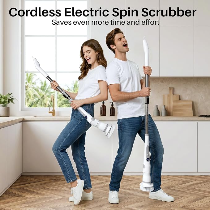 JOYMOOP Electric Spin Scrubber, 450 RPM Cordless Cleaning Brush with Power LCD Display, 9 Brush Heads Waterproof Power Scrubber with 90-Min Runtime, Adjustable Long Handle for Bathtub, Floor, Kitchen
