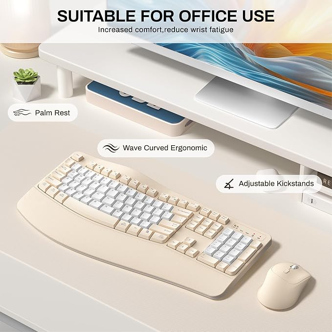 Ergonomic Wireless Keyboard and Mouse Combo, Wave Keys Keyboard with Wrist Rest for Natural Typing, 3 DPI Adjustable Ergonomic Silent Mouse for Computer/Laptop/Windows/Mac (Latte Color-B)