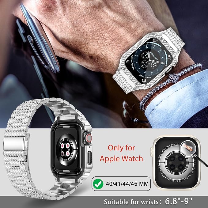 MioHHR Stainless Steel Band and Case Compatible with Apple Watch Band 44mm 42mm (Series 3/2/1), Men Metal Protective Bumper Cover for iWatch Series 6/5/4/3/2/1/SE/SE2/SE3, Silver Pattern