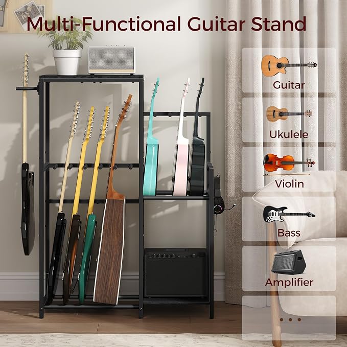 MAHANCRIS Multi-Guitar Rack, for Acoustic, Electric, Bass, Ukulele, Banjo, 5 Guitars, AMP Stand, Record Rack, Accessory Holder, EVA Cover, Home Studio, Black GSHB8501
