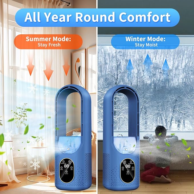 Desk Fan Bladeless - 6-Speed Portable Air Conditioner Fan - 3-in-1 Personal Cooling Fan -Small AC Unit With 200ml Water Tank/1-6H Timer/USB Powered Evaporative Air Cooler Table Fan for Bedroom Office