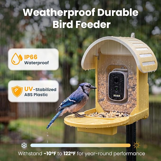Smart Bird Feeder with Camera, 2.5K UHD Bird Camera AI Identifies 11,000+ Bird's Species, Real-time Bird's Videos & Pictures, Solar Powered Feeder Wireless for Outdoor, Ideal Gift for Dad, Yellow