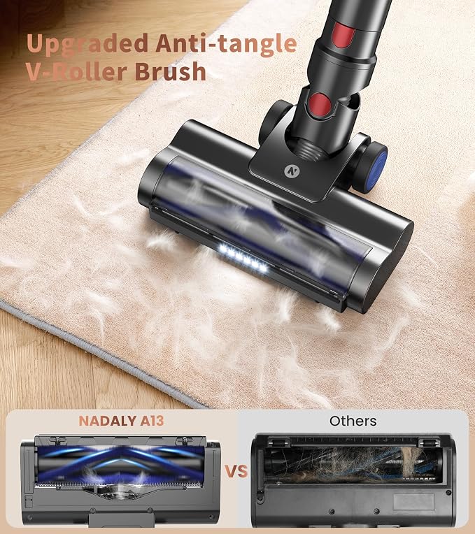 NADALY Cordless Vacuum Cleaner, 500W 40KPA Stick Vacuum with 45min Runtime, Anti-Tangle Vacuum Cleaners for Home, Self-Standing Rechargeable Wireless Vacuum for Hardwood Floor Carpet Pet Hair