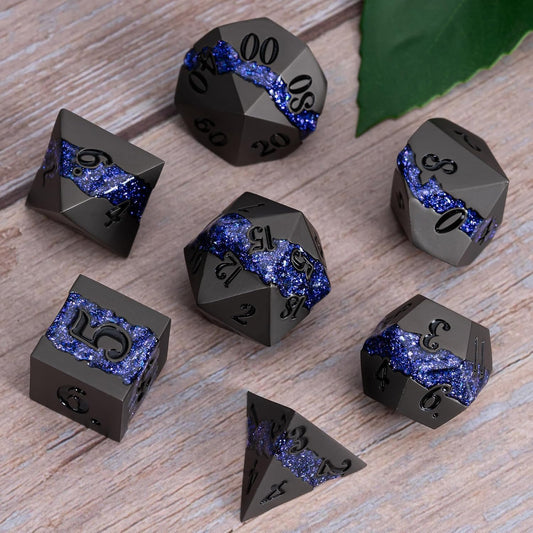 Metal DND Polyhedral Dice,Large Stripe Glitter Metallic Dice Set,Antique Silver Dice 7pcs Set for Role Playing Games(Pearl Gun Purple)