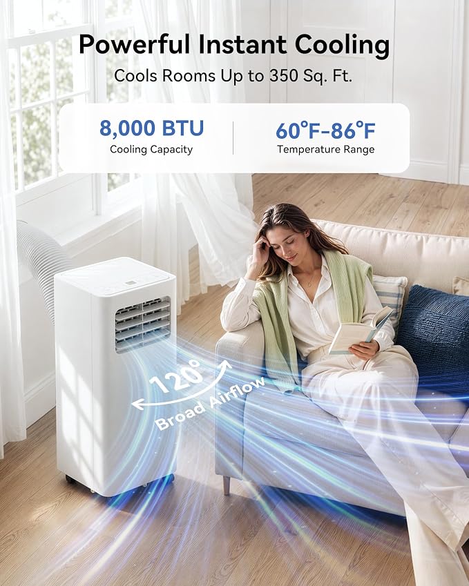 Feelfunn 8000 BTU Portable Air Conditioner, 3-in-1 Cools 350 Sq.Ft, Quiet AC with Fan & Dehumidifier, LED Display, Remote, 24H Timer, Window Kit, for Bedroom/Office/Dorms