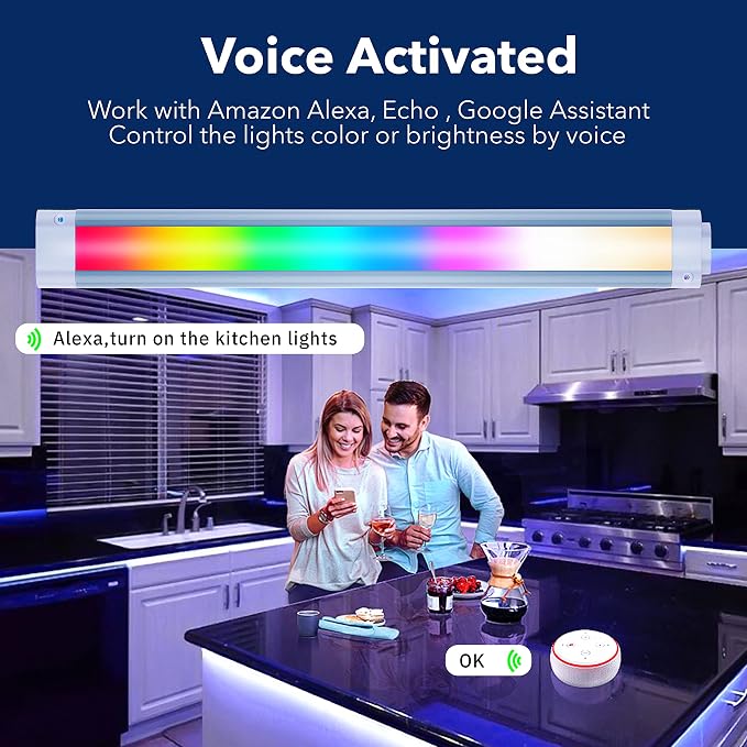 Smart Under Cabinet Lighting Works with Alexa, Echo, Google Home White and Color Ambiance , Dimmable by Voice , App or Remote Control, RGB Multi Color Changing Counter Lights Bar (3- Bar Kit, 12")