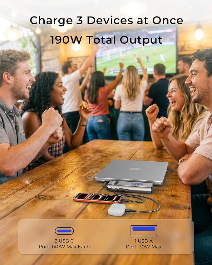 2026 FIFA Licensed 190W 20000mAh Power Bank for Laptop Portable Charger,3-Port USB-C PD Fast Charging Battery Pack with Built-in USB-C Cable for MacBook,Cell Phones,iPhone,iPad,Android,Samsung