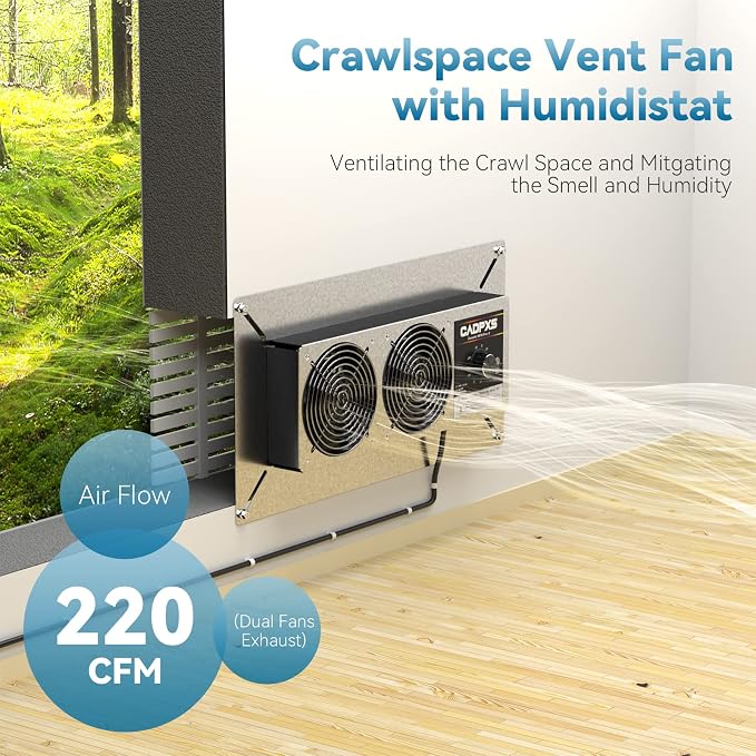 CADPXS Crawlspace Ventilation Fan, Crawlspace Fan Vent with Humidistat, Dehumidistat & Freeze Protection Thermostat, for Crawl Spaces/Basement/Garage/Attic/Hydroponics Grow Tents (220 CFM Air Out)