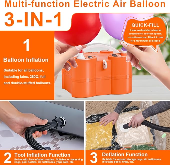 FLSEPAMB Electric Balloon Pump, 3-in-1 Portable Electric Air Balloon Blower Machine Balloon Pump 2 Motor Dual Nozzle Balloon Inflator for Latex 260Q Long Foil Balloons Swimming Rings Air Beds