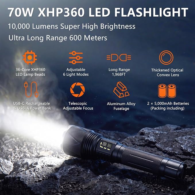 Rechargeable Tactical Flashlight 10,000 High Lumens with USB Output | 70W XHP360 LED Super Bright Zoomable Flashlight, 1,968FT Long Range, IP67 Waterproof for Emergency, Outdoor Camping & Hunting